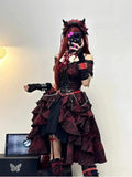 Gothic Lolita Dress Sexy Black Red Printed Studded Chain Off Shoulder Tiered Ruffle Slim Fit Women Girls Party Cosplay Clubwear