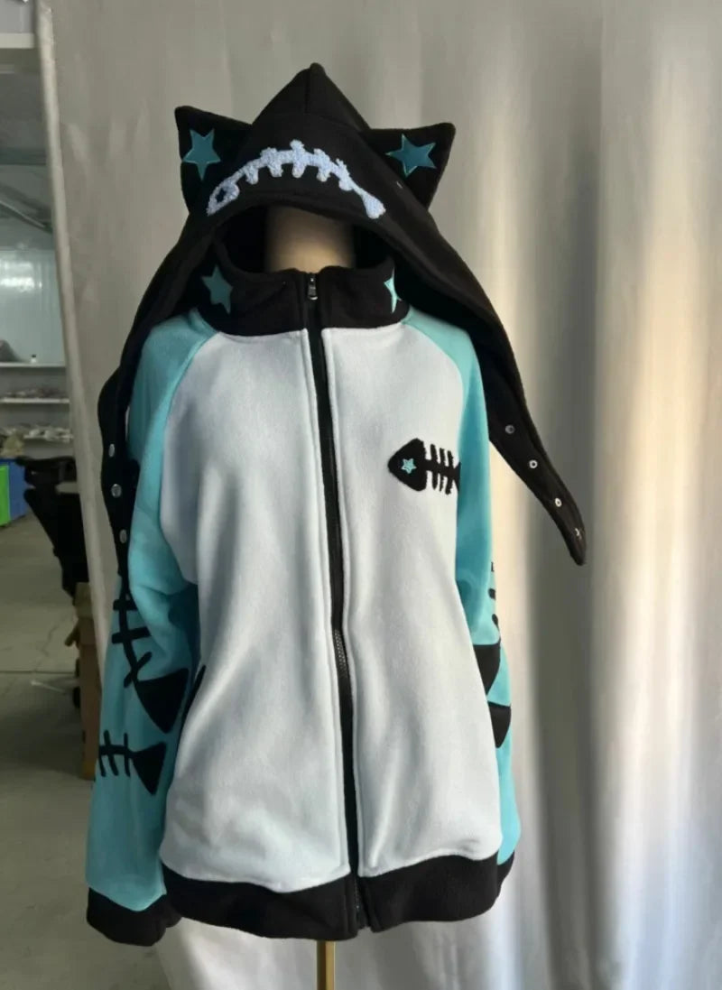 Japanese Punk Cat Ear Hoodie with Fish Bone Zip-Up