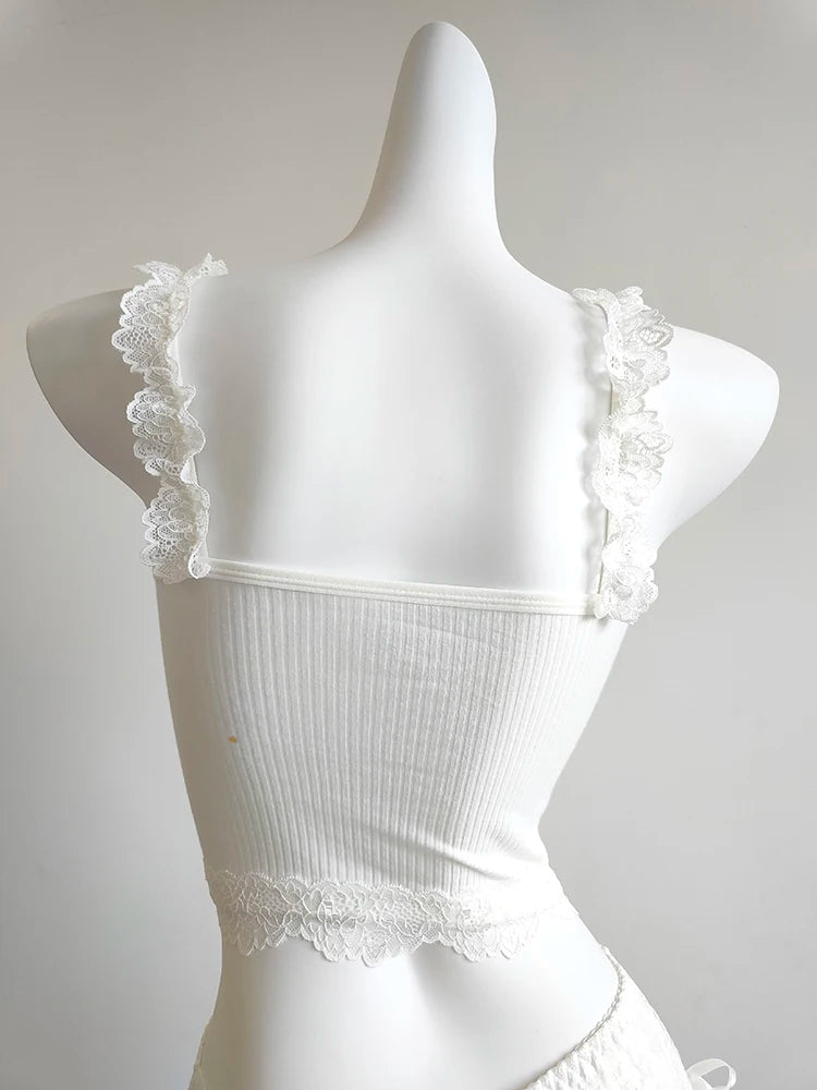 Sweet Crop Top Women Lace Trim Cotton Cropped Bows Bead Decoration Pink White Cute Camis Sweet Girls Lolita Style Kawaii Clothes SS69