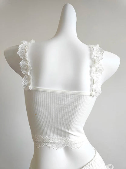 Sweet Crop Top Women Lace Trim Cotton Cropped Bows Bead Decoration Pink White Cute Camis Sweet Girls Lolita Style Kawaii Clothes SS69