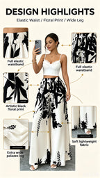 Women Black Ink Floral Print Wide Leg Pants Elastic High Waist Silky Satin Palazzo Trousers Summer Vacation Casual Loose Long Pants Beach Bottoms Vestidos