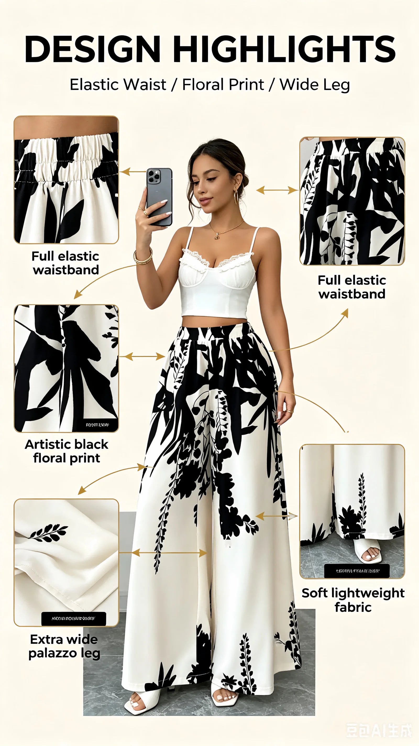 Women Black Ink Floral Print Wide Leg Pants Elastic High Waist Silky Satin Palazzo Trousers Summer Vacation Casual Loose Long Pants Beach Bottoms Vestidos