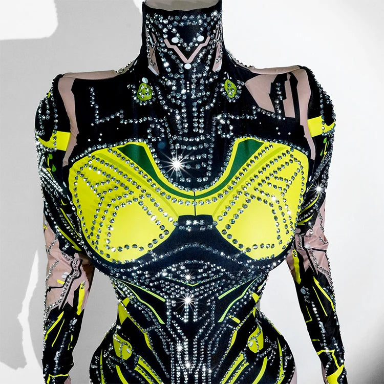 Women's Green Rhinestone Bodysuit High Elasticity Dance Outfit