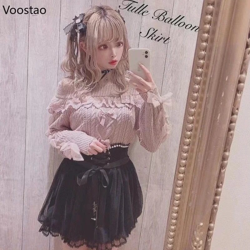 Sweet Lolita Knit Pullover with Lace Ruffles & Bows