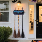 Halloween Broom Parking Sign with 3pcs Wooden Witches Brooms Halloween Decorations Outdoor Wooden Warning Sign for Front Porch Wall Decor Home Office Indoor