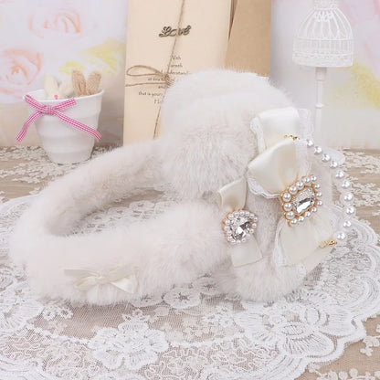 Sweet Mine Hairy Rhinestone Big Love Bow Earmuffs - Lolita Style