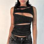 Talenza Women's Sleeveless Round Neck Vest Summer Solid Color Hollow Slim Vest Top Fashion Sexy Streetwear Women's Slim Vest Top SS69