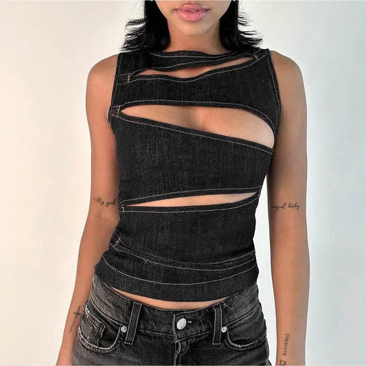 Talenza Women's Sleeveless Round Neck Vest Summer Solid Color Hollow Slim Vest Top Fashion Sexy Streetwear Women's Slim Vest Top SS69