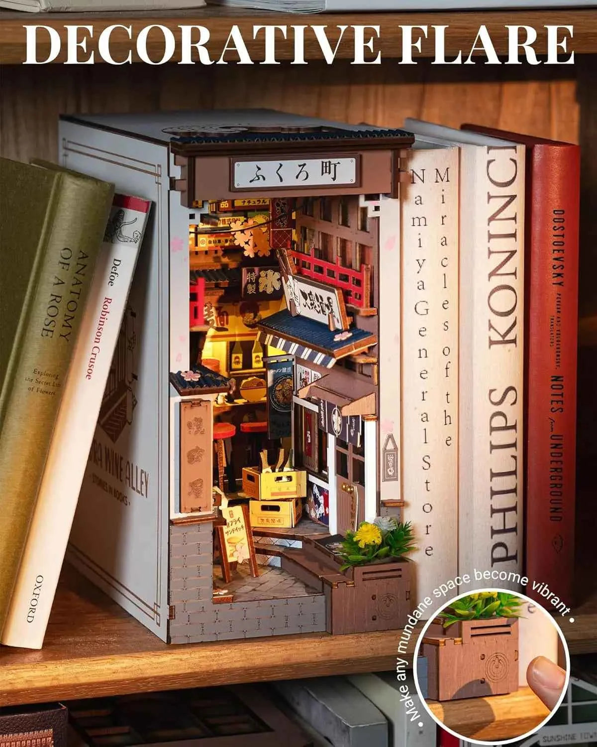 Robotime Sakura Wine Alley DIY Booknook with Lights DIY Miniature Dolls House Kit 3D Wooden Puzzle Bookend Bookshelf Decor Gift