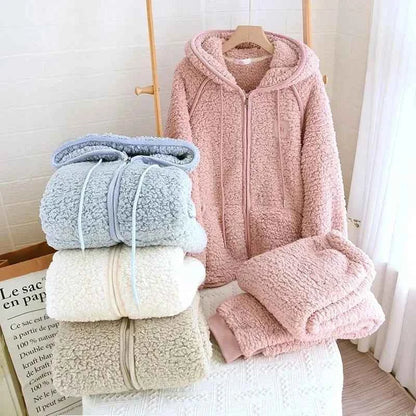 Thick Fluffy New Couple's Pajama Hooded Zipper Sleeping Sleepwear Winter Underwear Set Nightie Warm  Pyjamas Women Loungewear