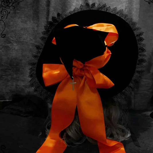 Handmade Lace Witch Pointed Hats Bandage Bow Wizard Hat Adult Gothic Lolita Cosplay Costume Halloween Party Bucket Hat