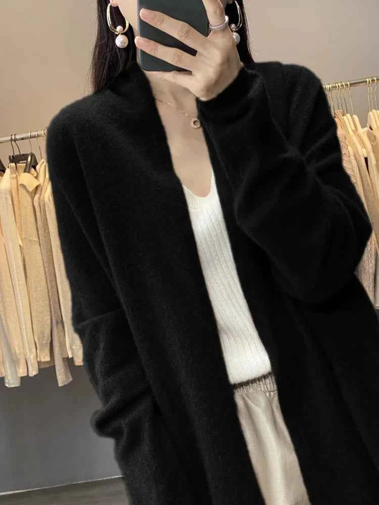 Merino Wool  Autumn winter brown Women 2026 knit Cardigan Long Sleeve Sweater Loose Warm Knitwear Long Coat korean christmas