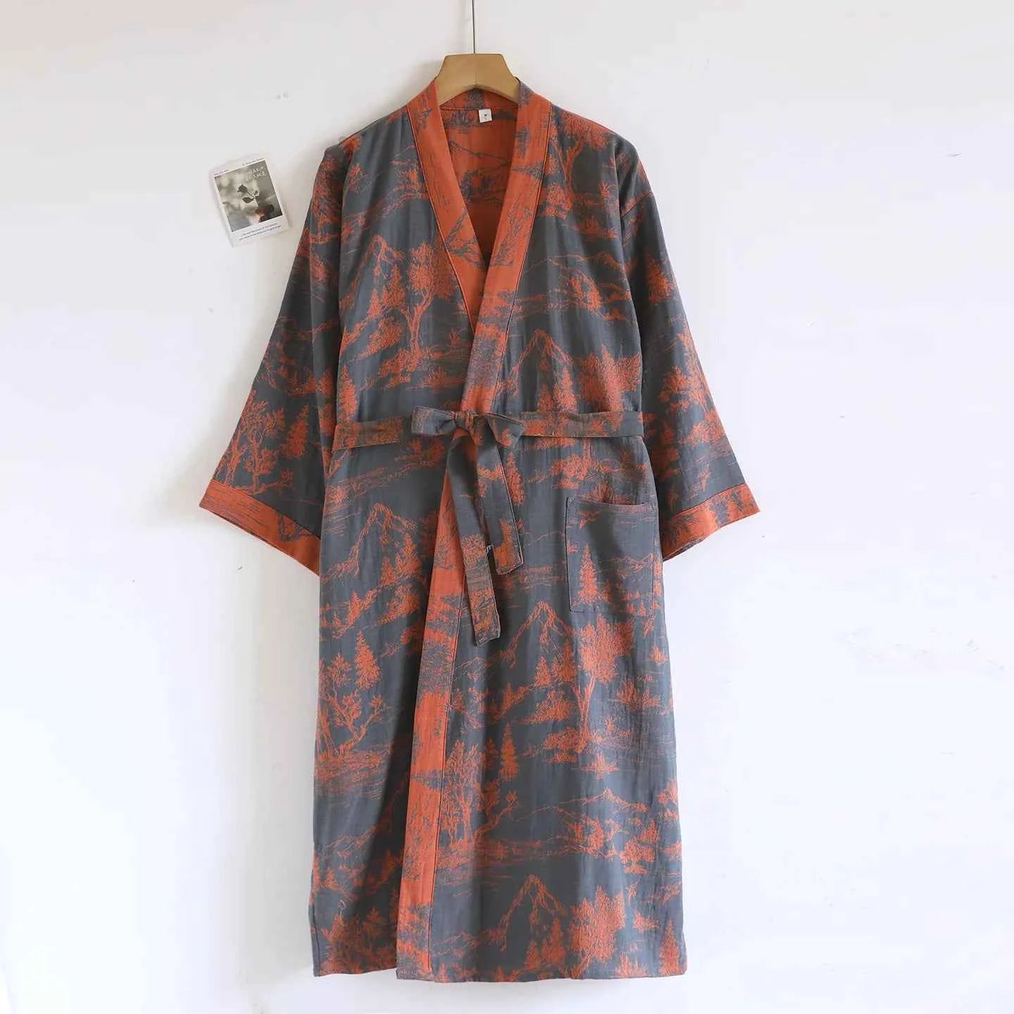 Cotton-colored Woven Jacquard Kimono Robes with Belt Loose Men's Long Sleeve Large Size Yukata Sweat-steamed Clothes