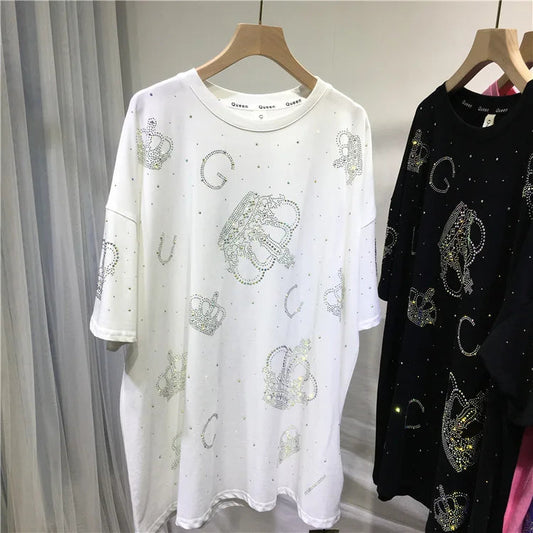 Oversized European top summer new fashion loose rhinestone diamond crown iron diamond women's short-sleeved T-shirt SS69 27.69 WHITE / 2XL