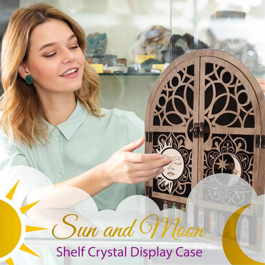 Vintage Wooden Floating Shelves With Sun And Moon Design, Wall Hanging Storage For Crystals,  For Various Room Types