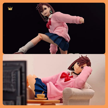 Handmade 1/12 Classic Japanese Anime DAN DA DAN Cosplay Momo Pink Hoodie Blue Pleated Skirt Set Fit 6" SHF Action Figure Body SS69