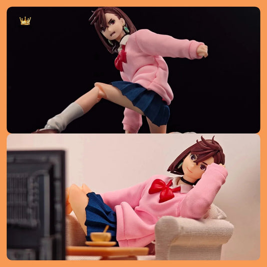 Handmade 1/12 Classic Japanese Anime DAN DA DAN Cosplay Momo Pink Hoodie Blue Pleated Skirt Set Fit 6" SHF Action Figure Body SS69