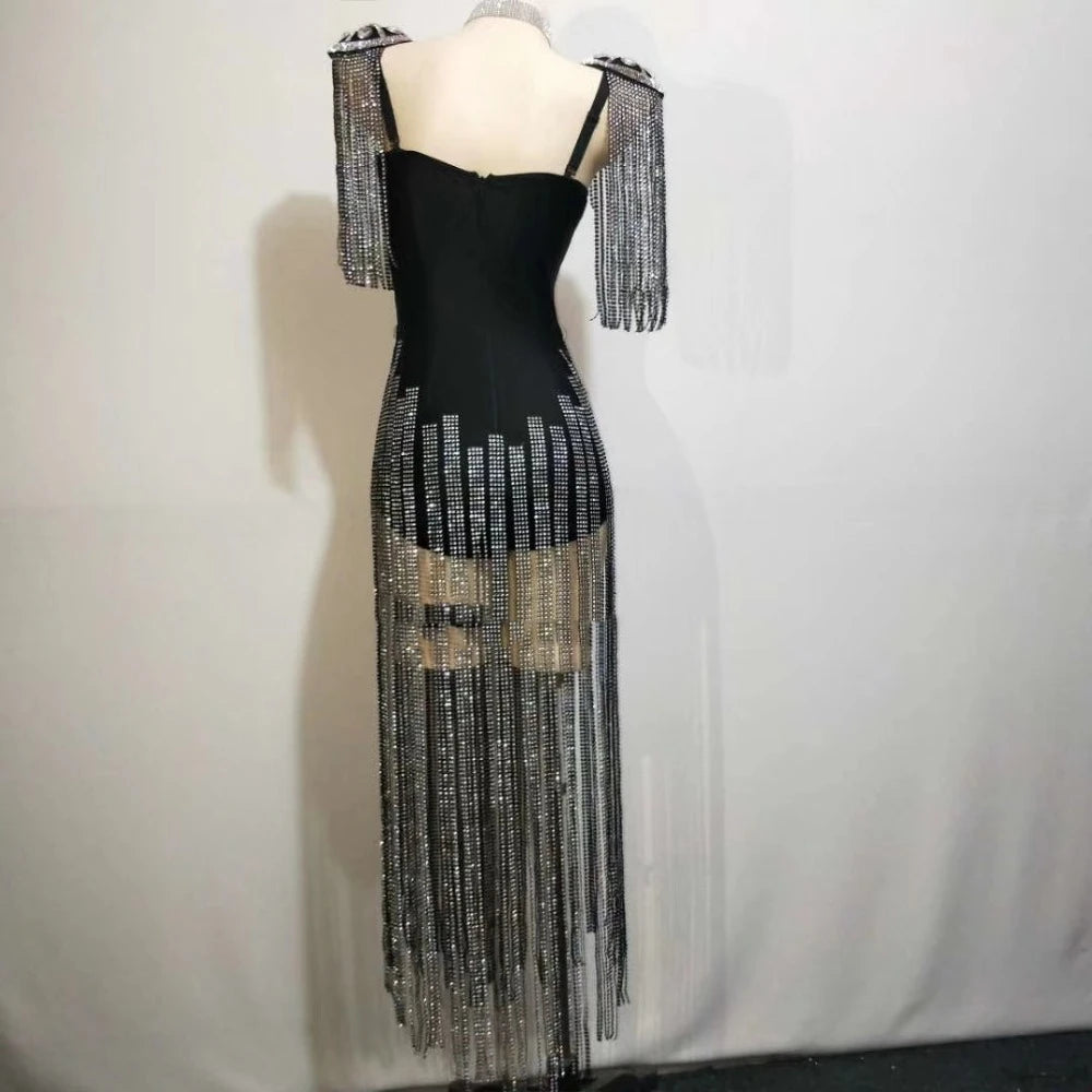 Sparkly White Rhinestones Tassels Epaulet Bodysuit Nightclub Dancer Group DJ Dance Costume Sexy Fashion Singer Stage Wear SS69