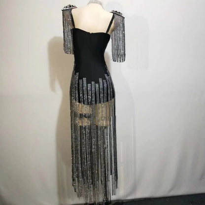 Sparkly White Rhinestones Tassels Epaulet Bodysuit Nightclub Dancer Group DJ Dance Costume Sexy Fashion Singer Stage Wear SS69