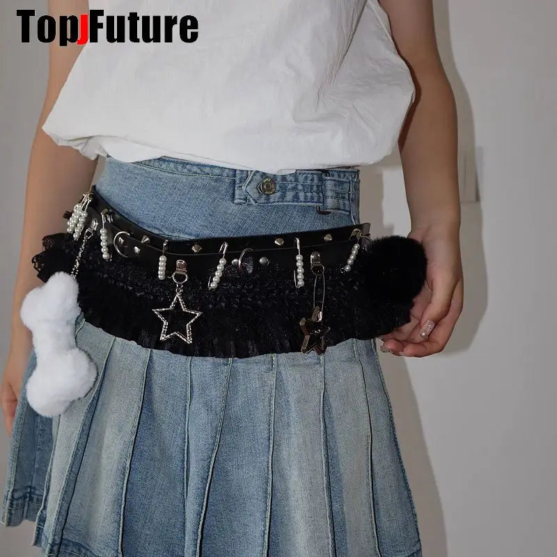Gothic Lolita Punk Belt with Heart, Star & Bow Pendants