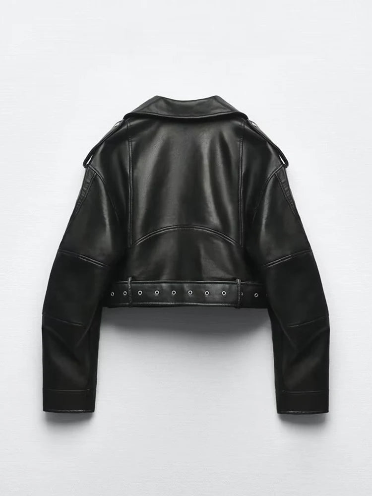 Ailegogo Women's Faux Leather Moto Jacket with Belt