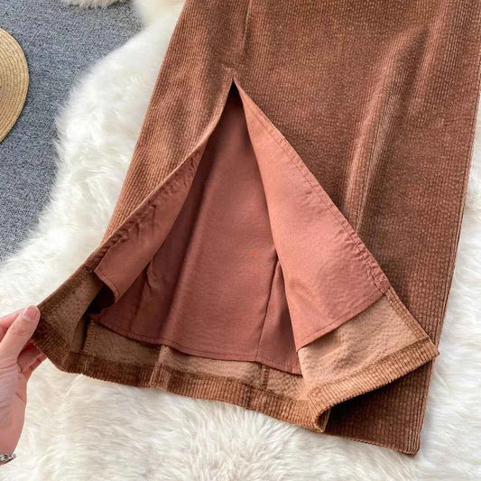SINGREINY Women Korean Split Sexy Long Skirt 2024 Winter Corduroy Slim Thick Streetwear Fashion Vintage Autumn Bodycon Skirt