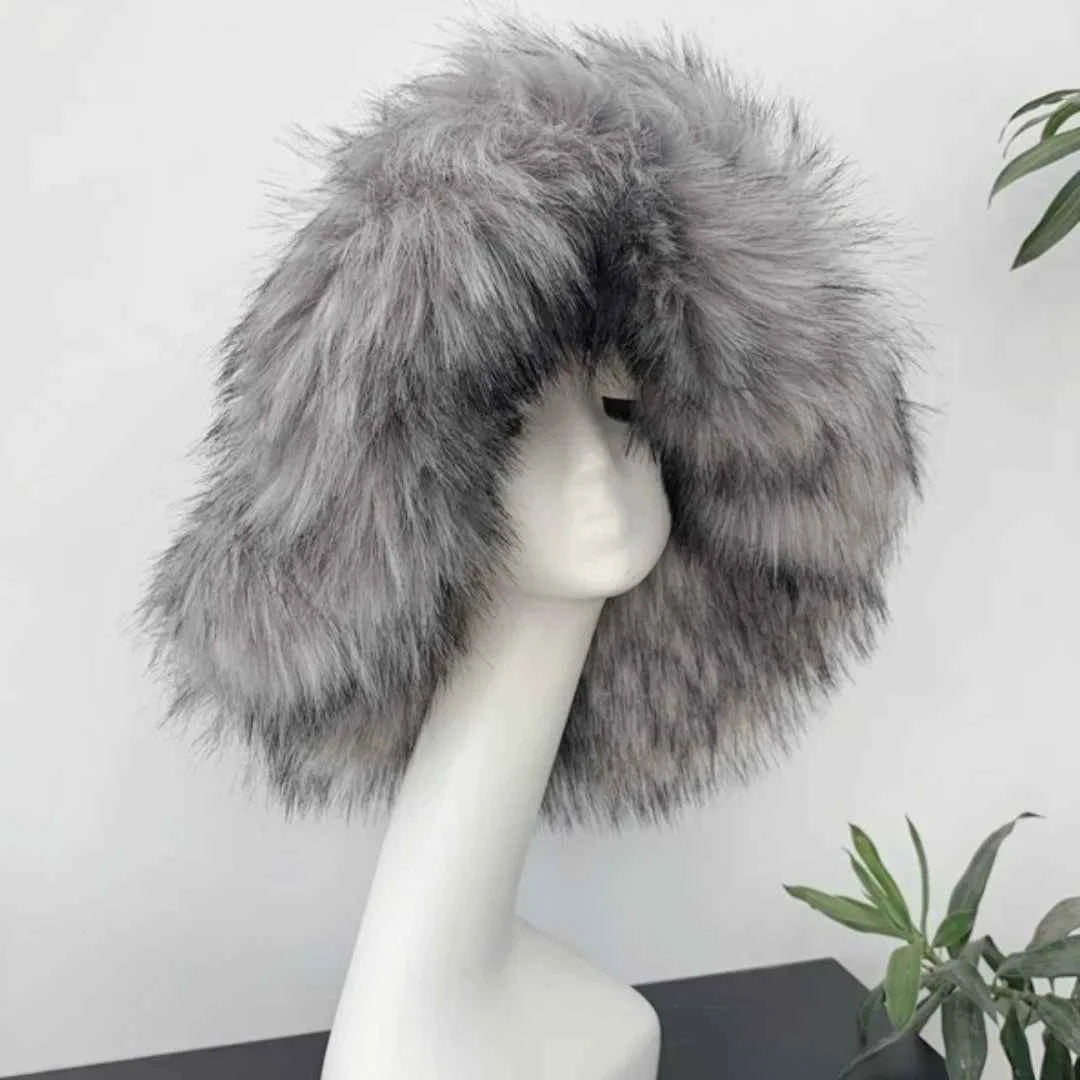Luxury Fluffy Women Faux Fur Bucket Hats Oversized 17cm Wide Brim Thicken Outdoor Warm Plush Punk Hat Girl Y2k Female Ski Panama