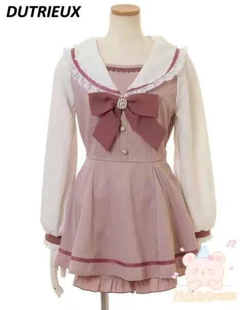 Japanese Style Women's Outfits Sailor Collar Plaid Rhinestone Bow Dress Shorts Set Sweet Lolita Mine Series Dress Two-Piece Suit