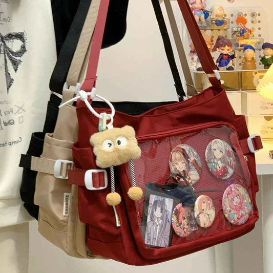 Women Ita Bag Japanese Style Shoulder Purse with Clear Window Cartoon Book Bag Multi-pockets Adjustable Strap Trendy Outdoor Bag