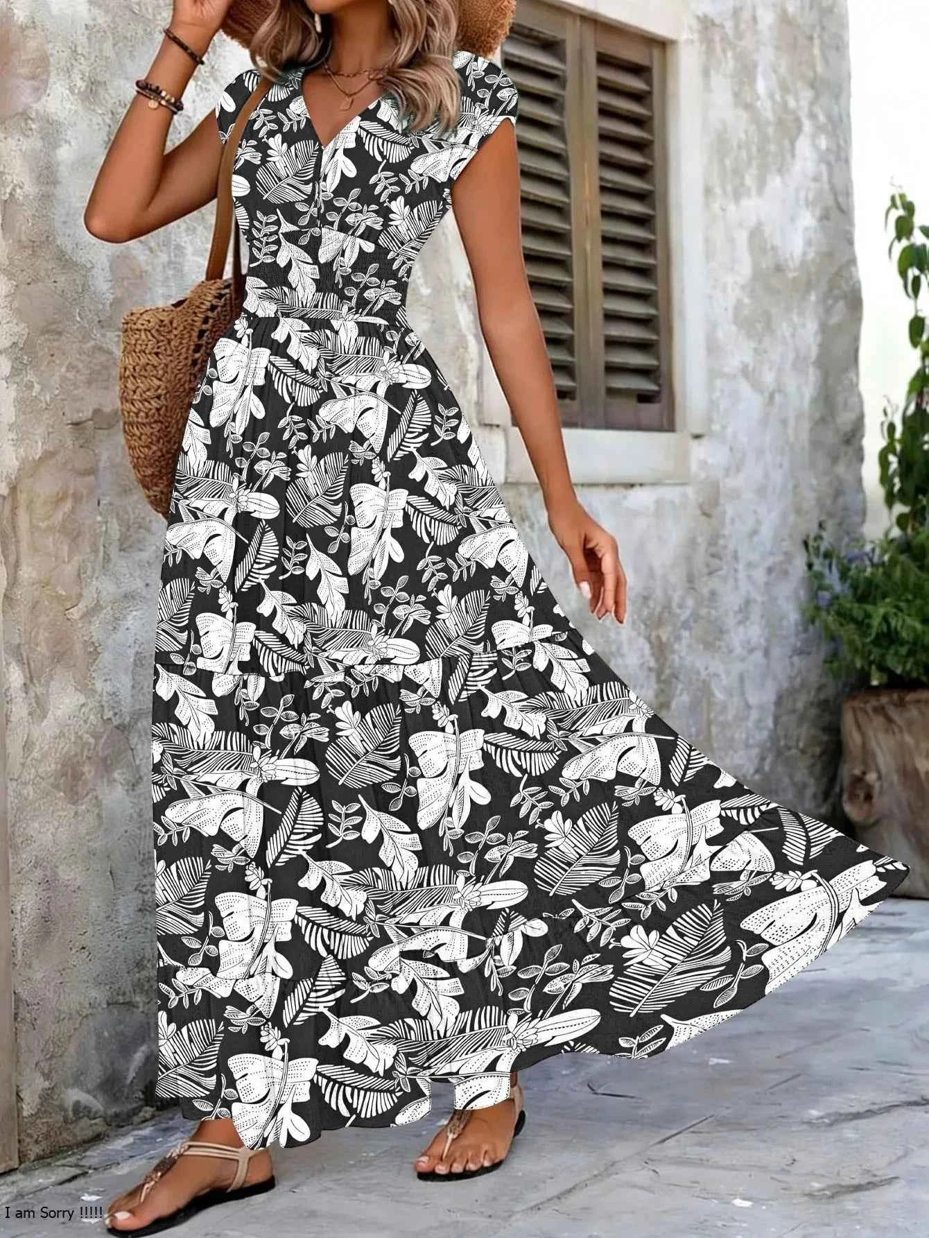 2026 Vintage Floral Print Dress Elegant V-Neck Short Sleeve Long Women's Fashion Retro Gown