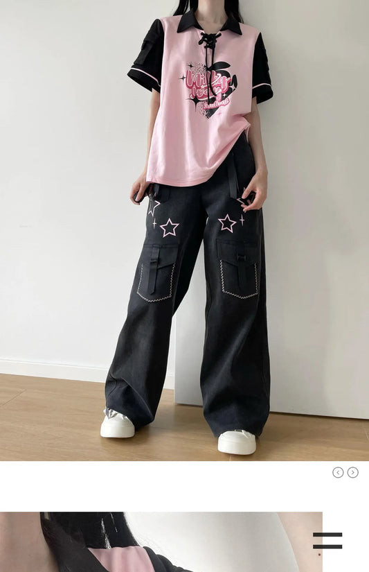 Black Pink Y2K Clothing Set Hot Girls Strapless Strap Short Sleeve T-shirt Slimming Jeans Long Pants Female 4 Piece Set Outfits SS69