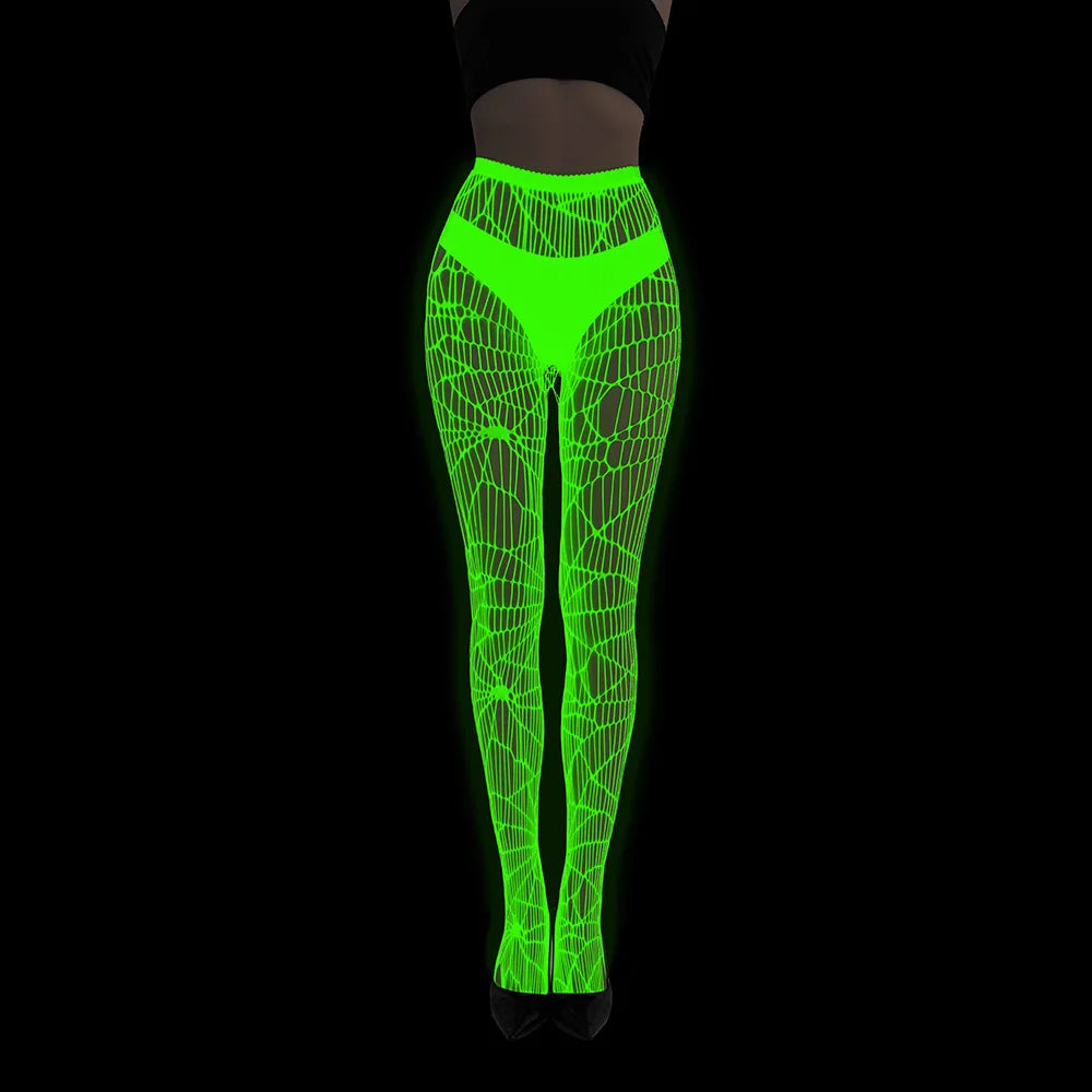 Women Glow in The Dark Fishnet Tight Rose Pattern Fishnet Tights Luminous Fishnet Halloween Party Festive Dress Up SS69