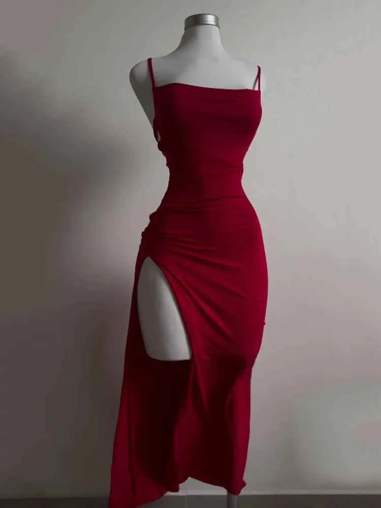 Sexy Backless Lace Up Long Dress Women Split Sleeveless Bodycon Party Club Evening Dresses High Street Female Suspender Robes