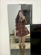 Women's Double Breasted Plaid Coat, Woolen Jacket , V-Neck, Loose Tops, Female Clothes, Sweet, New, Autumn, Winter