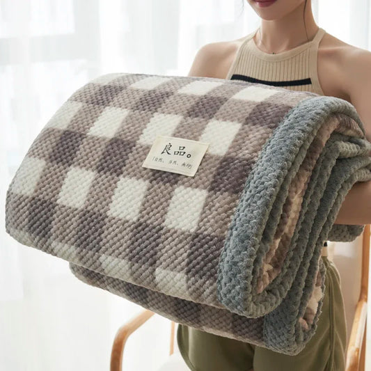 SS69 Handmade Chenille Knit Throw Blanket, Plaid Pattern, Machine Washable