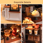 Robotime DIY Wooden Dollhouse Set  NO.17 Coffee Model Building Set with Accessories and LED Model Kit for Adult and Children