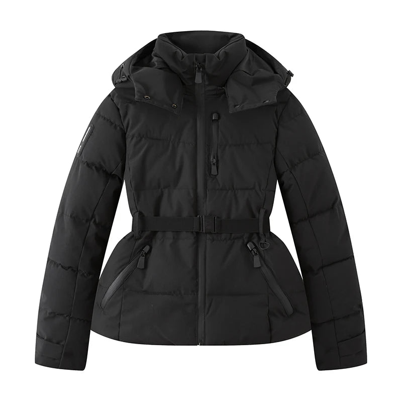 Women's Winter Hooded High Waist Padded Sport Parkas Coats with Belt Female Elegant Thick Warm Pockets Windproof Skiing Jackets