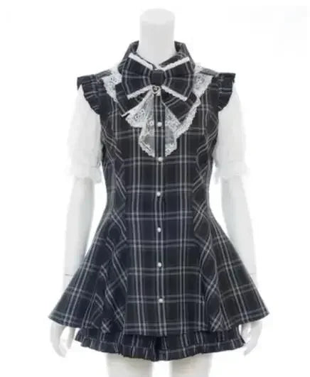 Geyalovvy Women's Lolita Sailor Collar Plaid Rhinestone Bow Two-Piece Set