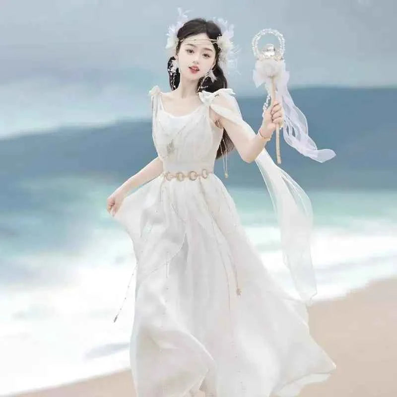 NONSAR God Greek Sweet Vintage Fairy Dress Women Summer Court Style Han Elements Chiffon Elegant floating Strap Long Dresses