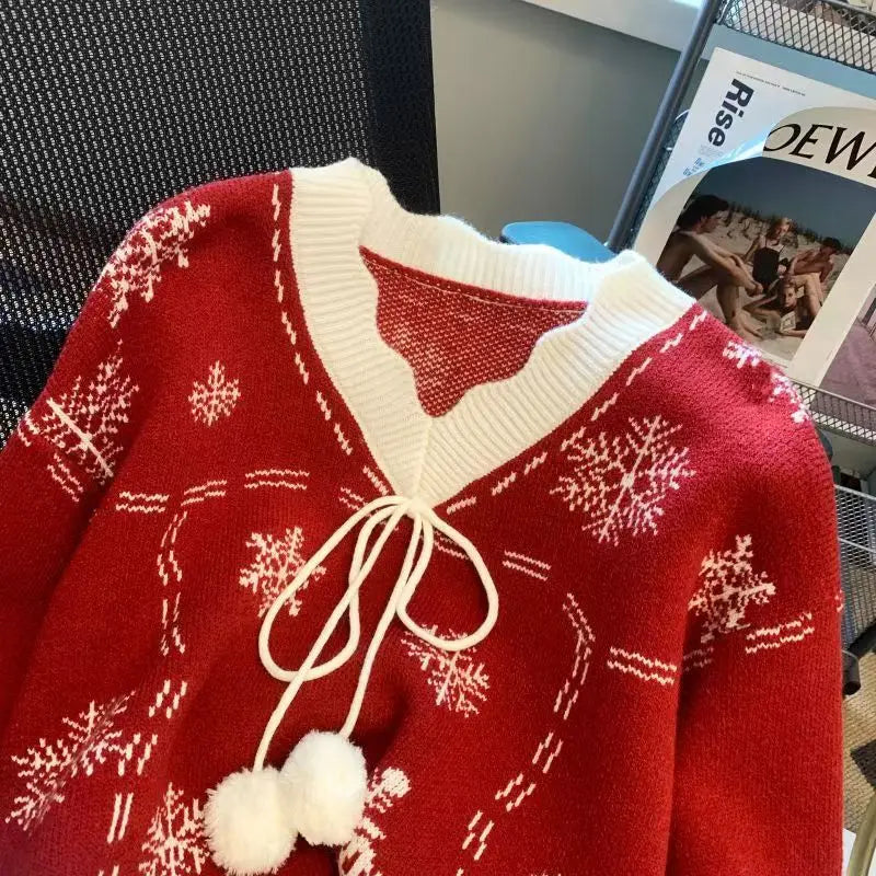 Women's V-Neck Snowflake Knit Sweater - Red/Black