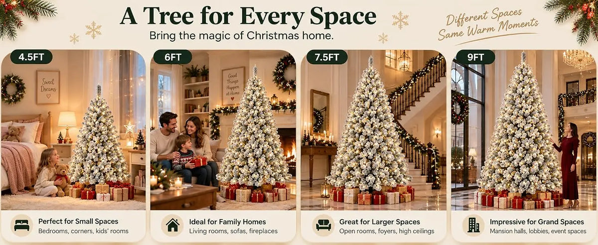 Prelit Artificial Christmas Tree with 100 Lights Snowflake Decorations Hinged PVC Branches Iron Trunk and Folding Metal Stand Green and White Holiday Decor for Living Room Home Christmas Party