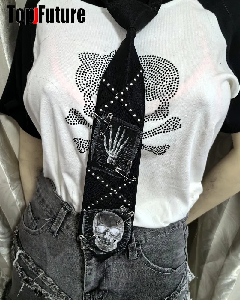 Women Men Y2K Girl Boy Gothic Harajuku Punk Steampunk Pre-Tied Ties Skeleton Necktie Accessories Halloween Cosplay Tie Choker SS69