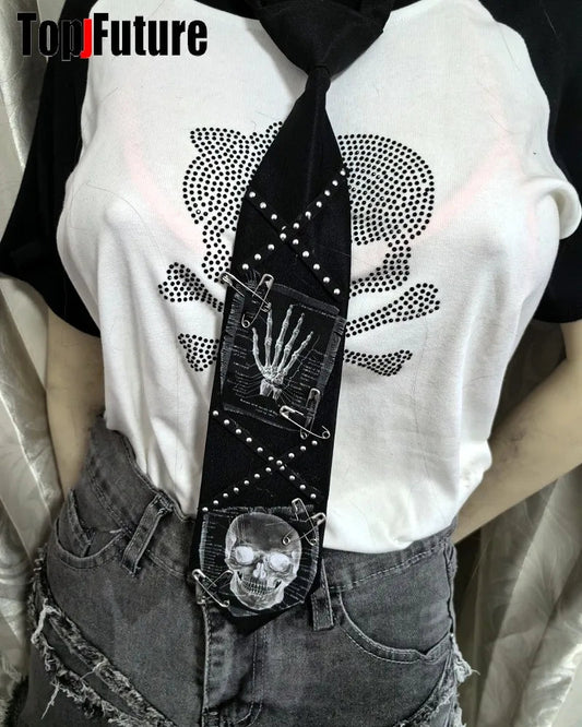 Women Men Y2K Girl Boy Gothic Harajuku Punk Steampunk Pre-Tied Ties Skeleton Necktie Accessories Halloween Cosplay Tie Choker SS69