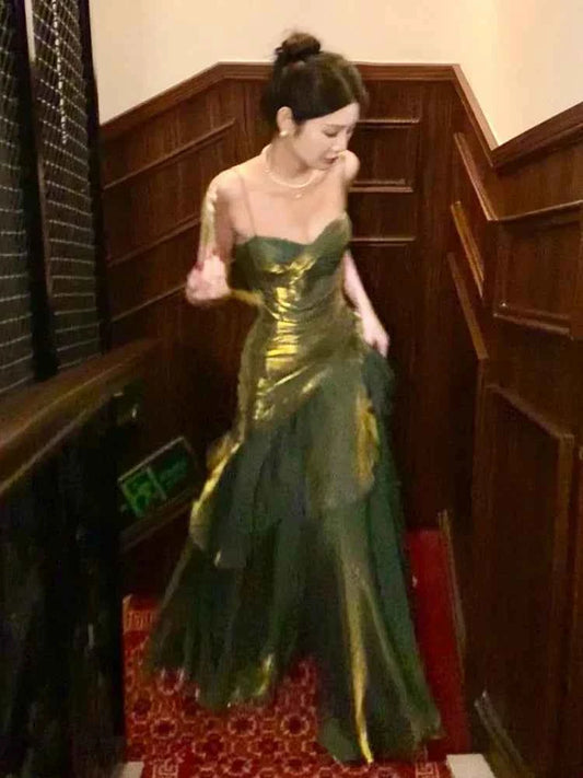 Women Summer New Elegant Ruffled Maxi Dress Light Luxury Bodycon Sling Fishtail Dresses Vintage Party Gown Prom and Events