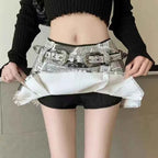 Sexy Newspaper Printed Skirt Women Summer Streetwear Belt High Waist A Line Short Pleated Skirts Girls Casual Shorts Saia Female