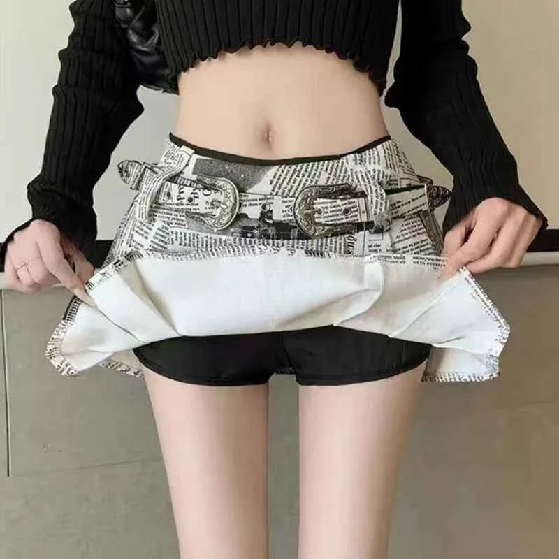 Sexy Newspaper Printed Skirt Women Summer Streetwear Belt High Waist A Line Short Pleated Skirts Girls Casual Shorts Saia Female