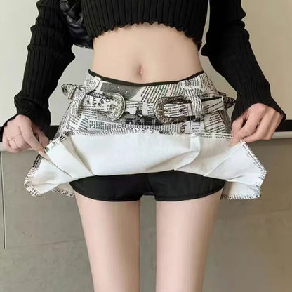 Sexy Newspaper Printed Skirt Women Summer Streetwear Belt High Waist A Line Short Pleated Skirts Girls Casual Shorts Saia Female