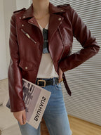 Women's PU Leather Motorcycle Jacket - Slim Fit, Turn-Down Collar