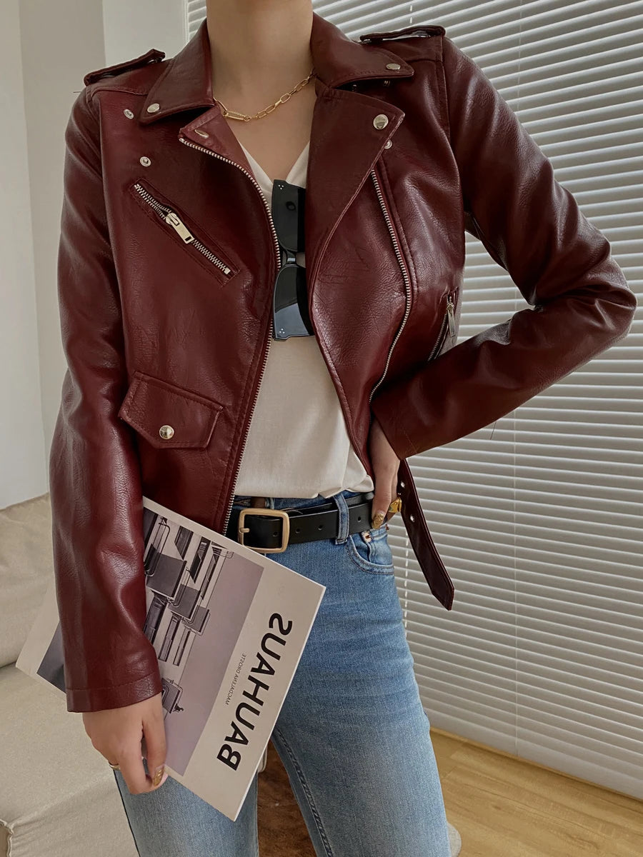 Women's PU Leather Motorcycle Jacket - Slim Fit, Turn-Down Collar