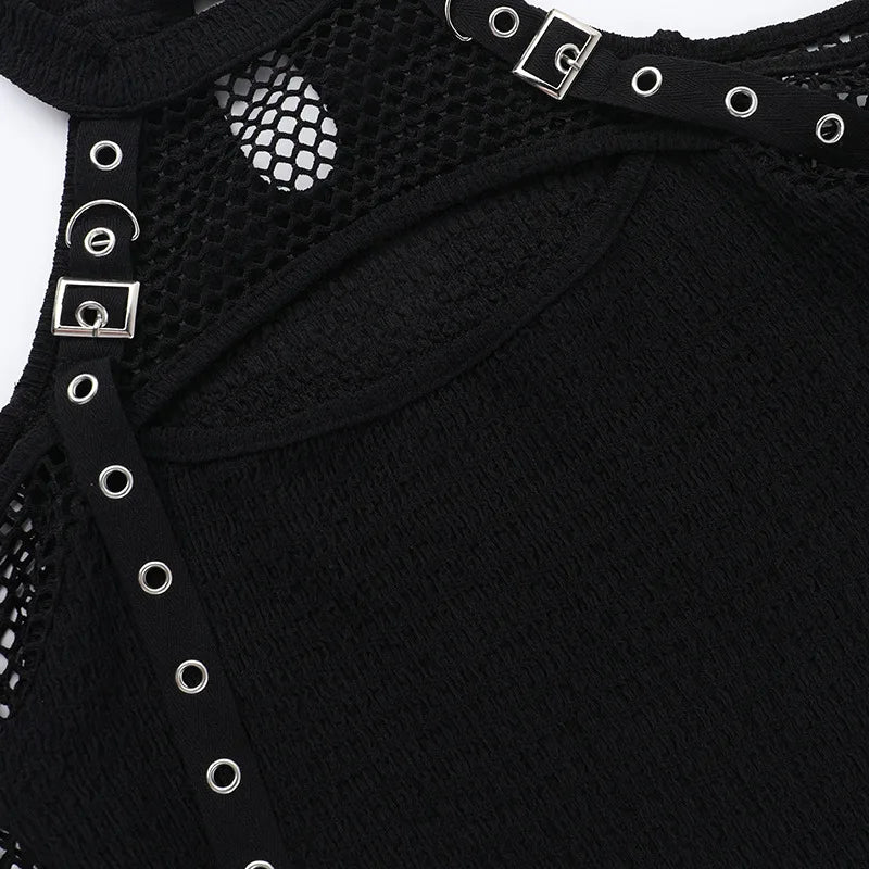 Goth Dark Fishnet Patchwork Off Shoulder Halter Top